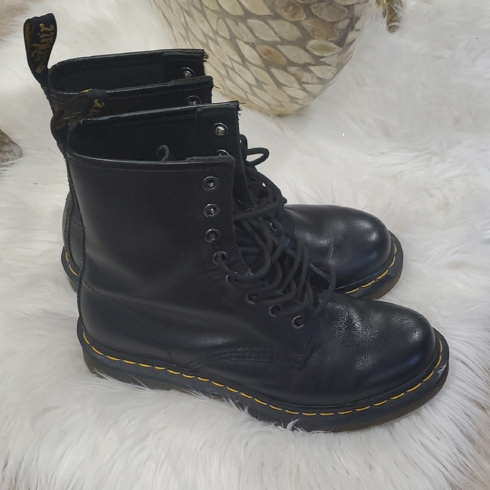Dr. Martens Black Unisex Leather Laceup Combat  Boots with Yellow Accents - Picture 16 of 17